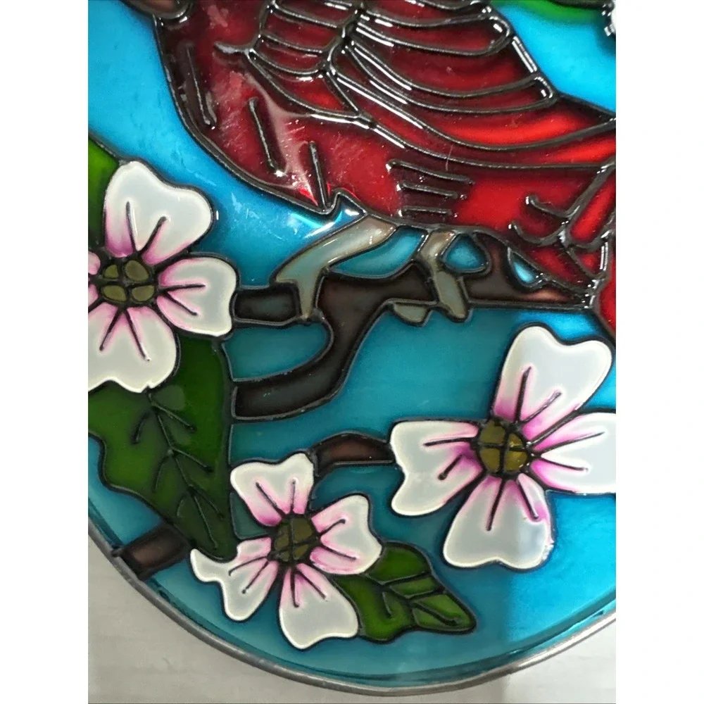 Red Cardinal Bird & White Flowers Small Oval Stained Glass Suncatcher 7.5x5.5